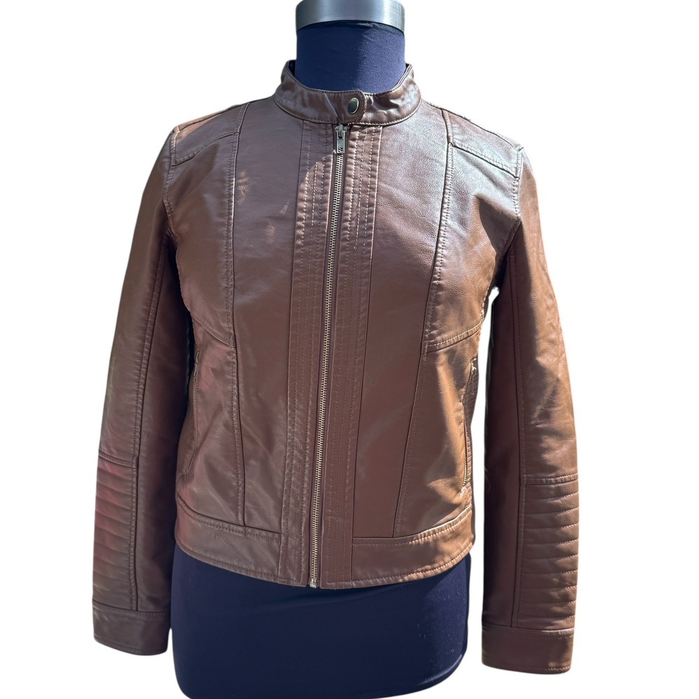 A New Day Brown Faux Leather Moto Jacket Womens Large‎ Biker Style Coat